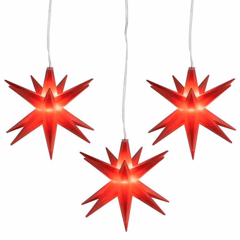Set di stelle luminose a LED, 3 pezzi, colore rosso, diametro 10 cm, con timer, 16 raggi, luce bianco caldo
