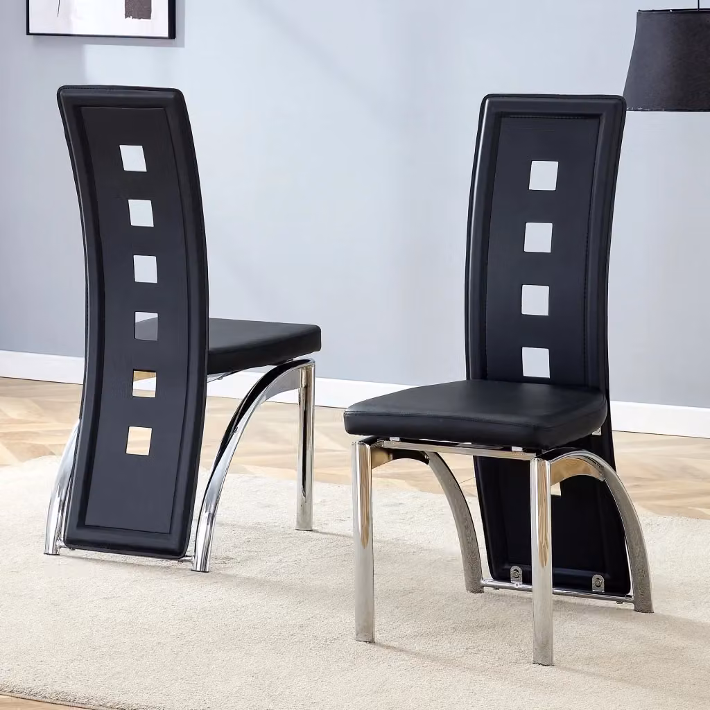 Set di 2 sedie da pranzo REDOM moderne in ecopelle nera e metallo argento, Altezza: 102,5 cm – 2