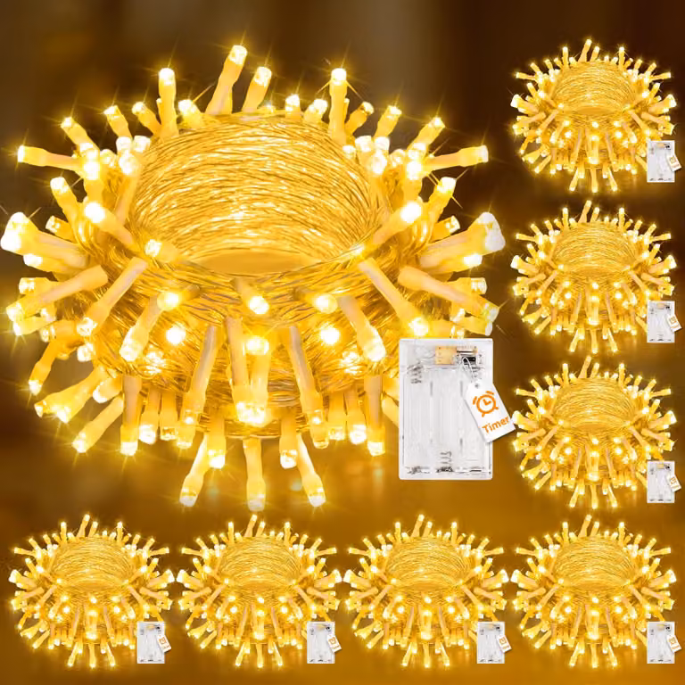 Catena luminosa, 100 LED, 10 metri, luce bianco caldo, alimentazione a batteria, timer, confezione da 8 pezzi