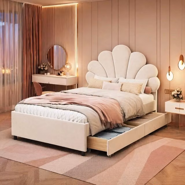 Letto Imbottito REDOM Beige con 2 Cassetti L/P/H: 203 x 90 x 116 cm – 1