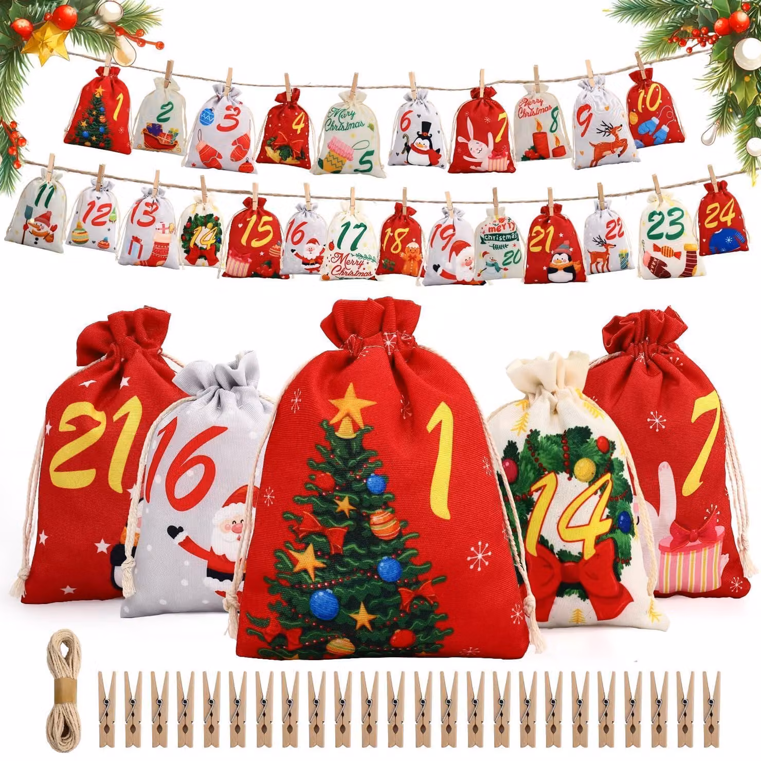 Calendario dell'Avvento da riempire, 24 sacchetti di stoffa, dimensioni 13x18 cm e 10x15 cm
