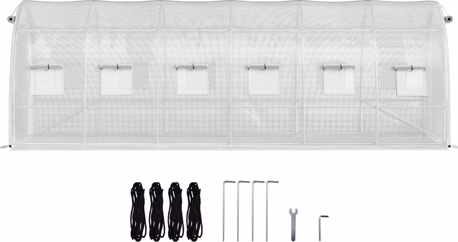 Serra a tunnel walk-in SucceBuy, serra portatile per piante di 20 x 10 x 7 piedi, struttura in acciaio zincato con 3 travi superiori, 4 pali diagonali, 2 porte con cerniera e 12 finestre avvolgibili - Bianco