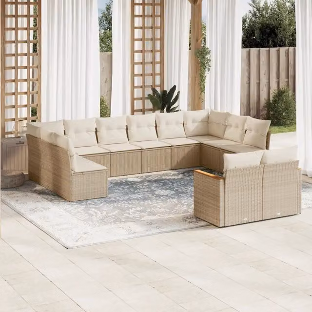 Set di Divani da Giardino a Forma di U vidaXL in Polyrattan con Cuscini Beige e Struttura in Acciaio, 12 Pezzi