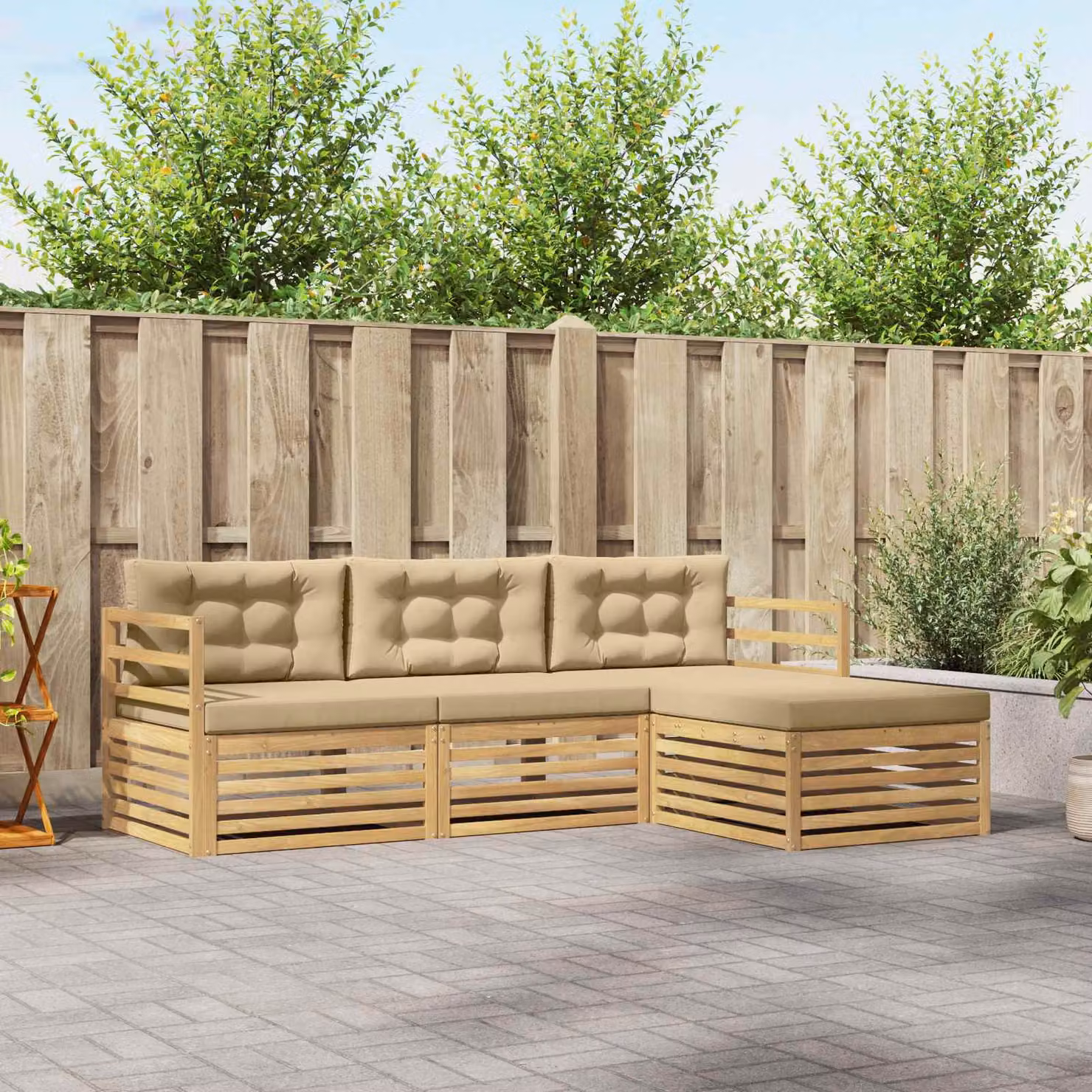 vidaXL Set di divani da esterno a L con pouf, struttura in legno di acacia e cuscini inclusi, Bianco e Beige