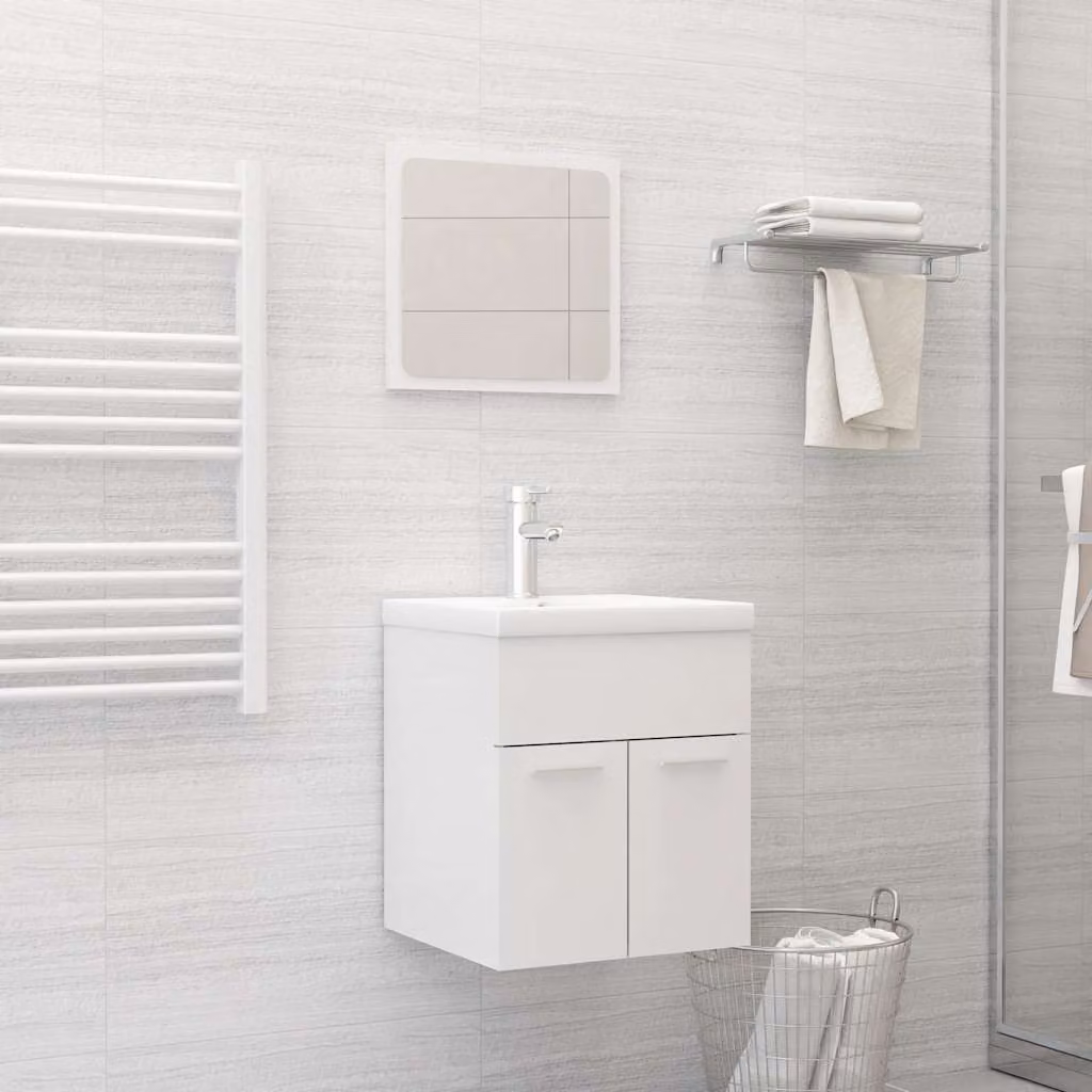 Set Mobili da Bagno vidaXL 2 Pezzi Bianco Lucido in Legno Multistrato con Mobile Lavabo e Armadietto Specchio a Parete