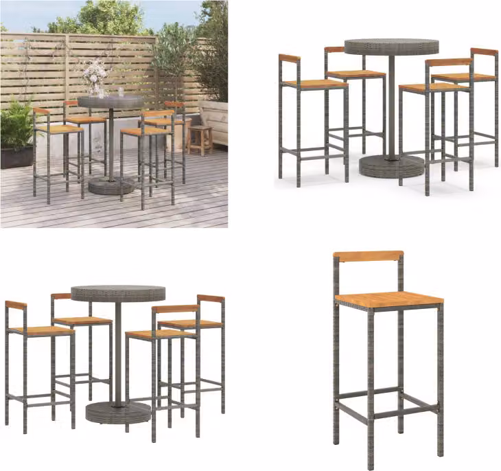 vidaXL Set bar da giardino 5 pezzi in poly rattan grigio e legno massiccio di acacia - Set bar da giardino - Set bar da giardino - Set bar da giardino - Bar da giardino