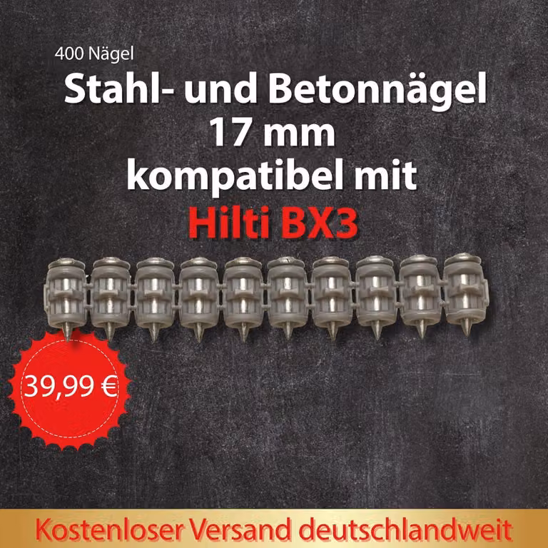400 chiodi ad alta resistenza da 17 mm per acciaio e cemento – compatibili con Hilti BX 3/B3 – alternativa a X-P 17 B3 – chiodi di fissaggio professionali