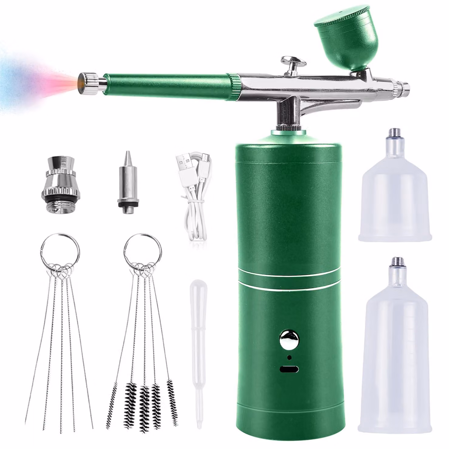 Kit per aerografo con compressore, senza fili, ugello da 0,3 mm, colore verde, completo di accessori