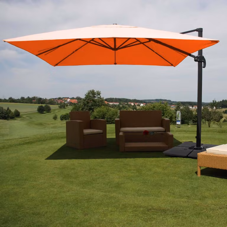 Ombrellone a semaforo per la ristorazione MCW-A96, ombrellone, 3x4 m (Ø 5 m) in poliestere/alluminio, 26 kg ~ color terracotta con base, orientabile