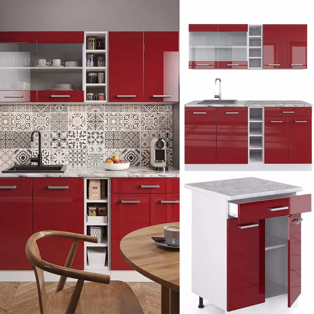 Cucina completa moderna Vicco R-Line in rosso lucido e bianco con piano antracite, L: 160 cm, P: 60 cm, H: 81,6 cm – 2