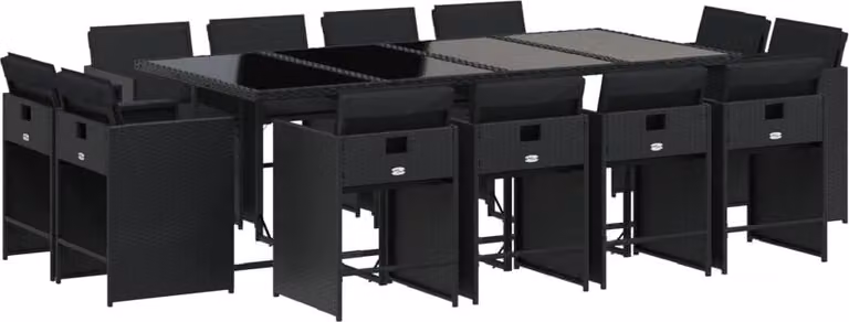 Set da Pranzo da Giardino 13pz con Cuscini Nero in Polyrattan