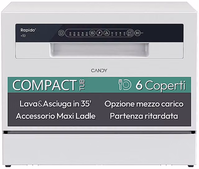Lavastoviglie Candy CP 6E51LW a libera installazione, 6 programmi, Classe E, Bianco, L: 55 cm, A: 44,3 cm, P: 50,1 cm – 1