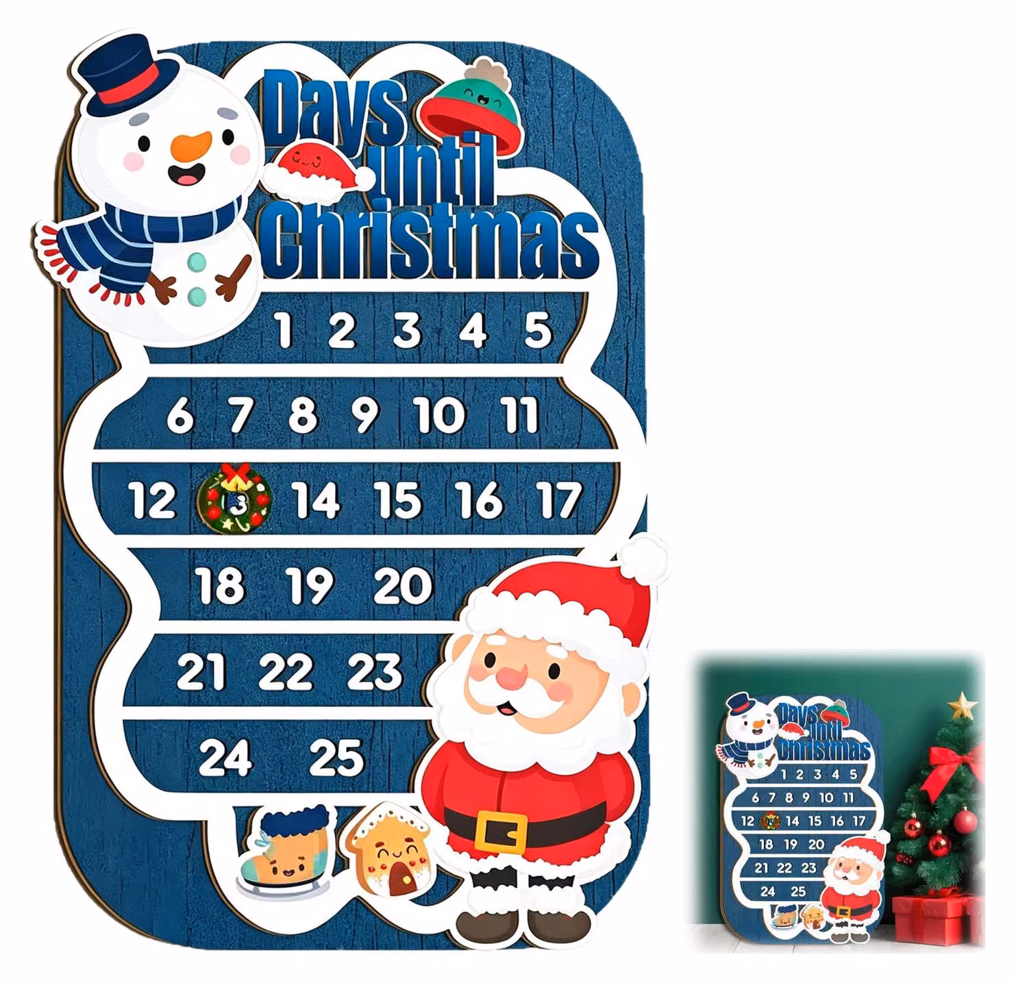 Calendario dell'Avvento in legno, 30x20 cm, con immagini di pupazzo di neve e Babbo Natale, per contare i giorni fino al Natale