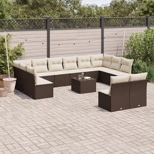 Set di divani da giardino VIDAXL a forma di U in polyrattan marrone con 13 pezzi e cuscini inclusi