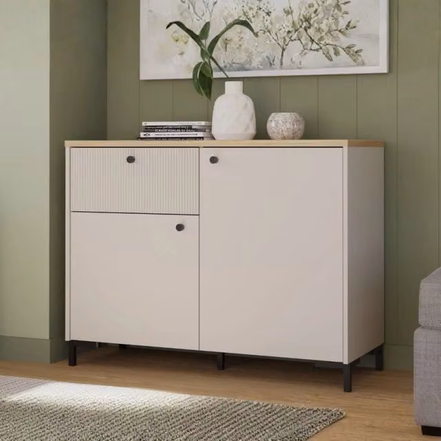 Madia Unit 2 ante e 1 cassetto cannettato L 103.1 x P 41.9 x H 79 cm. colore cashmere con top rovere