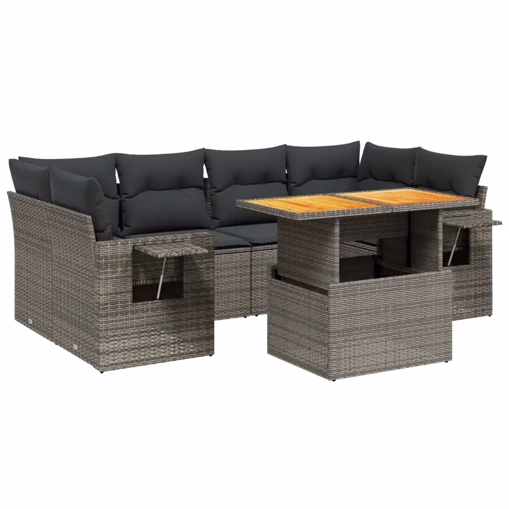 vidaXL Set Divani da Giardino 7 pz a Forma a L in Polyrattan Grigio con Cuscini e Tavolino – 2