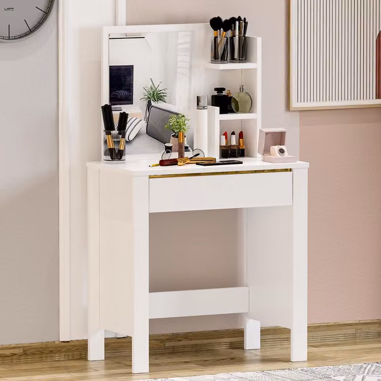 Homidea GUPSE: Comò da trucco con specchio e cassetto – Moderno tavolino da trucco per camera da letto e cameretta – 72 x 40 x 124 cm – Bianco