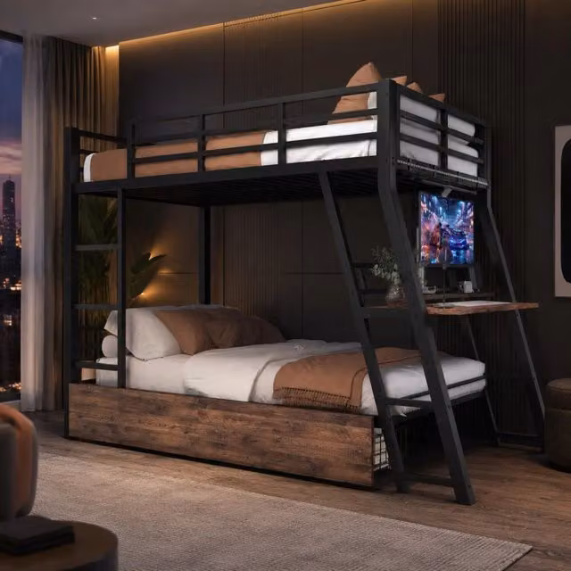 Letto a soppalco 90x200 cm nero con scrivania, LED e cassetti, senza materasso