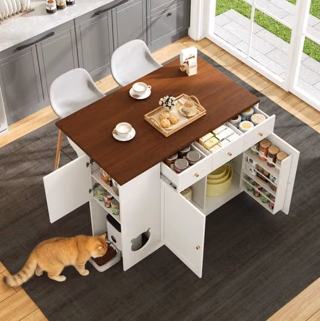 Mobile da cucina con piano estraibile 120x40/70x90 cm; 3 cassetti; MDF bianco e noce