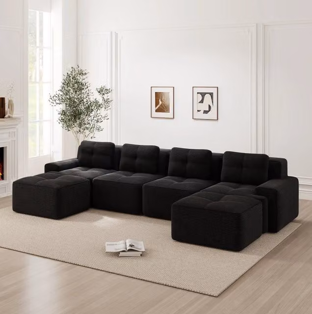 Divano modulare a U 4 posti in velluto a coste nero 382x177 cm HOMVRA