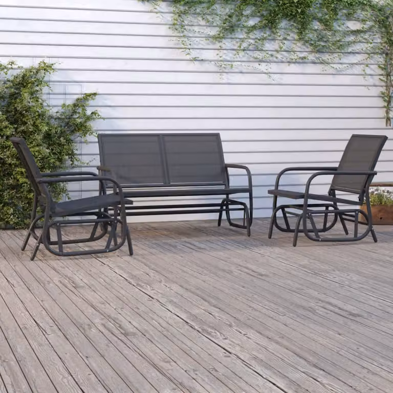 Set Mobili a Dondolo da Giardino e Terrazzo vidaXL in 3 Pezzi, Nero, Acciaio e Textilene
