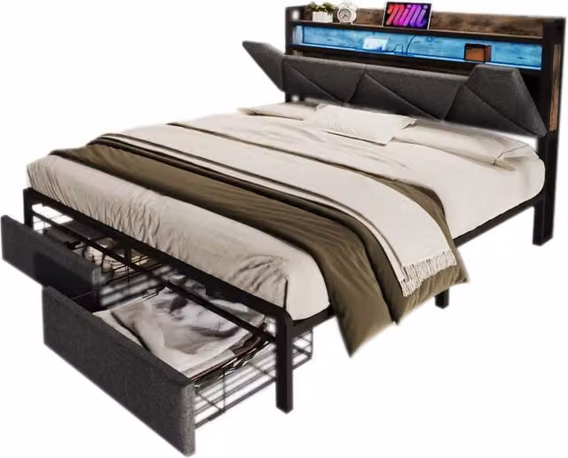 Letto 140x200 cm grigio in lino， testiera con vano， LED e USB Type-C， senza materasso