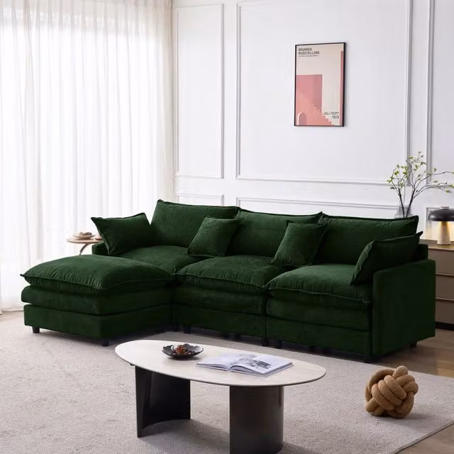 Divano angolare modulare a 3 posti con chaise longue e pouf in chenille verde