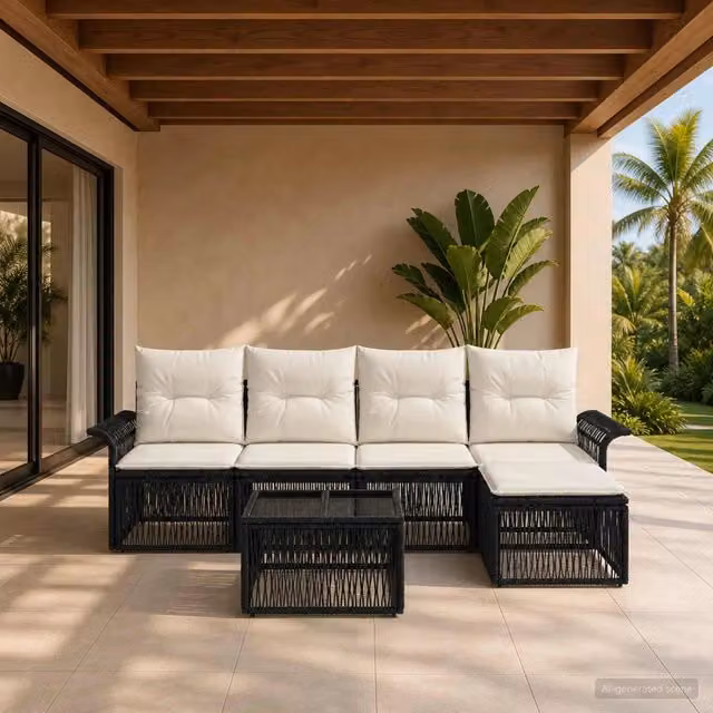 Set da giardino vidaXL a 6 pezzi nero con divani, tavolino e pouf in rattan e metallo – 1