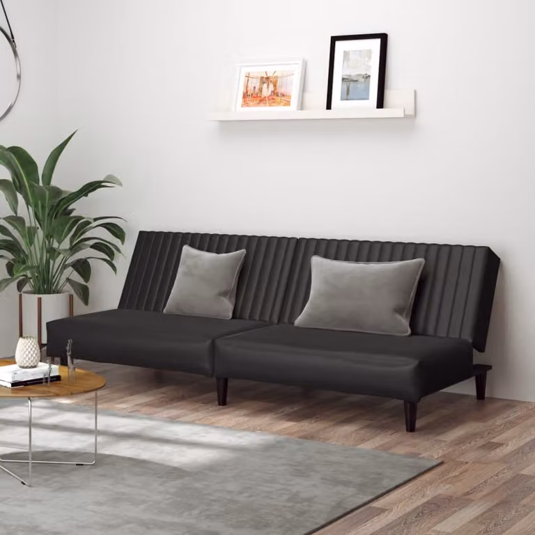 Divano Letto Click-Clack a 2 Posti vidaXL in Similpelle Nero con Struttura in Legno Solido e Poggiatesta Regolabile, Dimensioni Letto: 90 x 200 cm