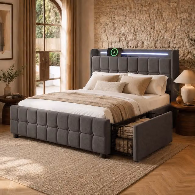Letto con testiera 180x200 cm; LED; prese USB e 4 cassetti; grigio