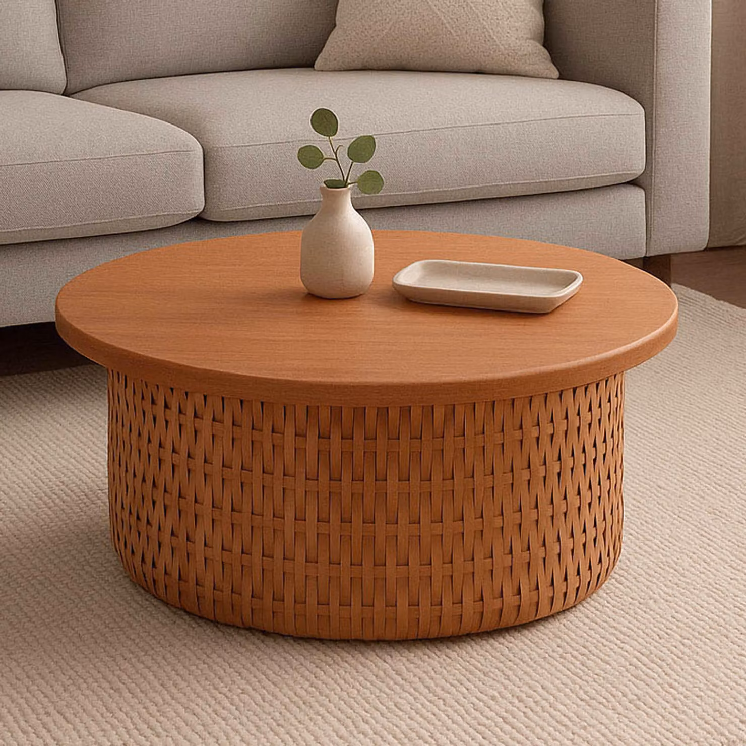 Tavolino da salotto MCW-P15, tavolino da salotto, tavolino da divano, tavolino da soggiorno in legno di mogano e rattan, rotondo, Ø 75 cm