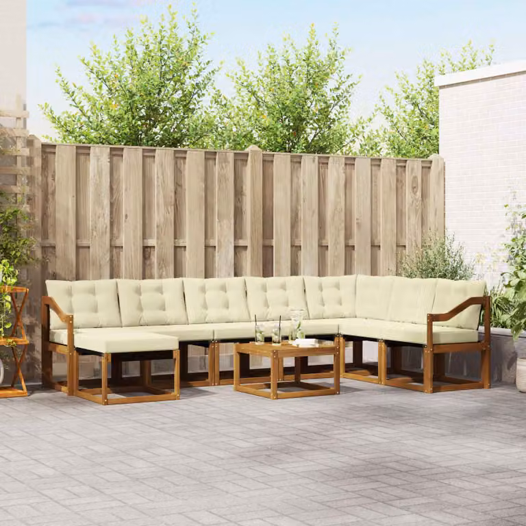 Set di divani da esterno vidaXL 9 pezzi in legno di acacia con cuscini beige e bianco per giardino e terrazza