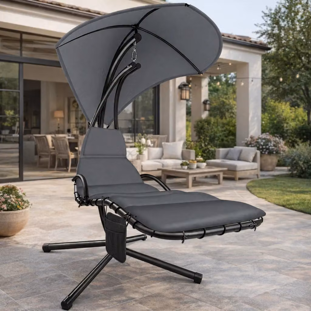 Sdraio a sospensione Outsunny con ombrellone e cuscino ergonomico grigio in poliestere resistente, L/P/H: 195 x 132 x 197 cm – 2
