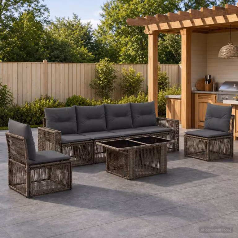 Set Divano da Giardino vidaXL in Polyrattan 7 Pezzi con Cuscini, Grigio e Antracite