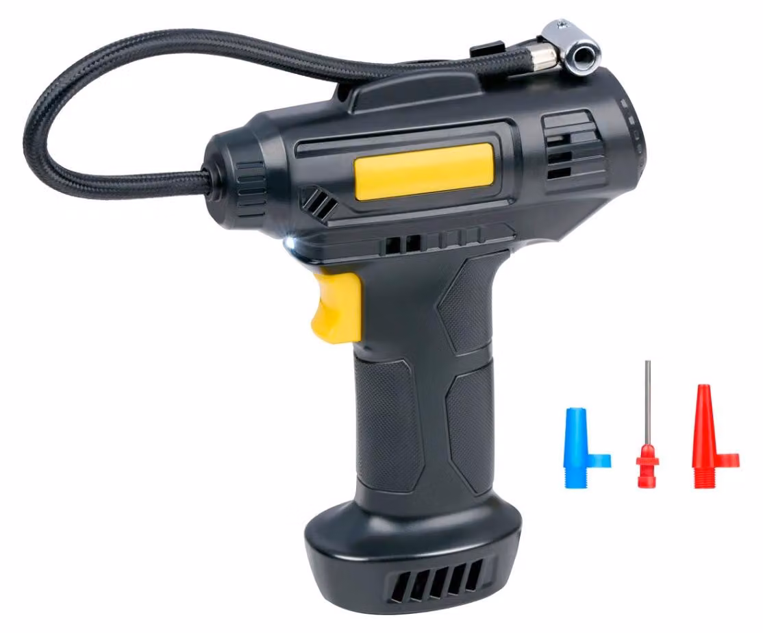 Dunlop Digital Compressor 12V - Pompa d'aria elettrica con spina per accendisigari - Manometro per pneumatici di auto e biciclette - Compressore d'aria con display LCD, 3 attacchi e luce LED - Nero/Giallo