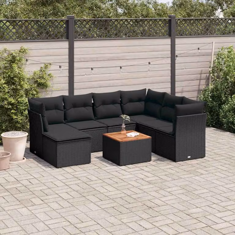 vidaXL Set Divani da Giardino a L in Polyrattan Nero con 8 Cuscini e Tavolino da Esterno