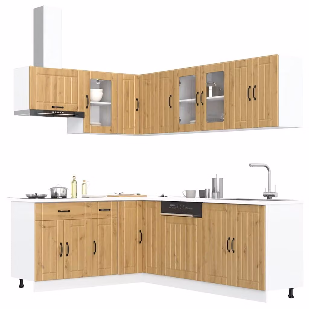 Set di mobili da cucina moderno vidaXL Lucca in 11 pezzi, colore rovere marrone, con ante a cerniera e ripiani aperti