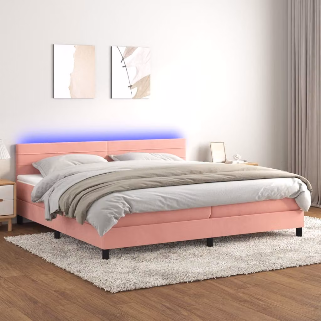 The Living Store Letto a molle con materasso e LED Rosa 200x200 cm Velluto