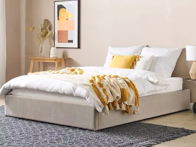 Letto matrimoniale con contenitore BELIANI imbottito in tessuto beige e marrone con design moderno L/P/H: 160 x 200 x 39 cm – 1