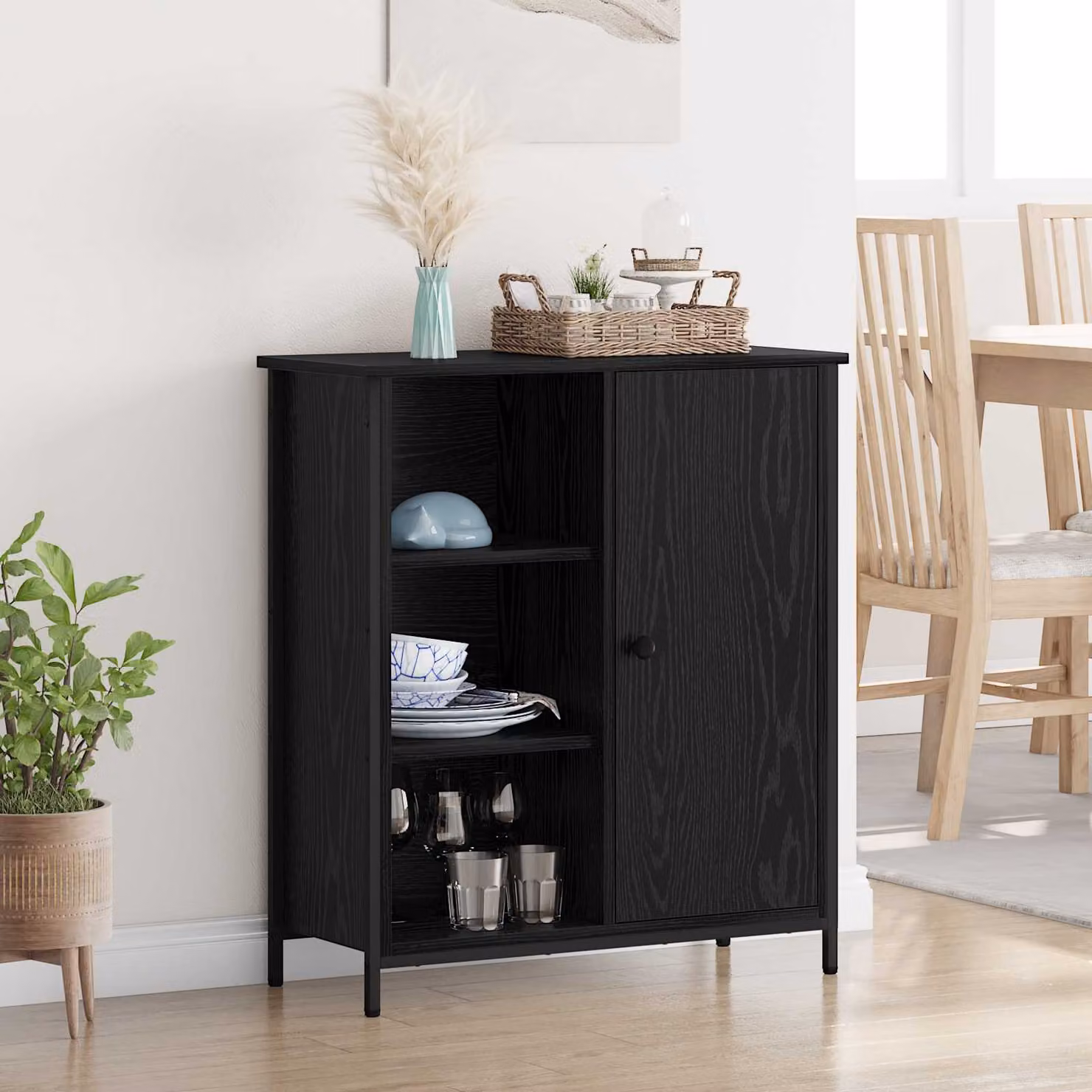 Credenza moderna vidaXL in legno ingegnerizzato e metallo, colore nero opaco, L: 70 cm, P: 30 cm, H: 80 cm