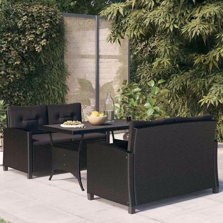 Set da pranzo da giardino vidaXL in polyrattan nero con cuscini, composto da 3 pezzi