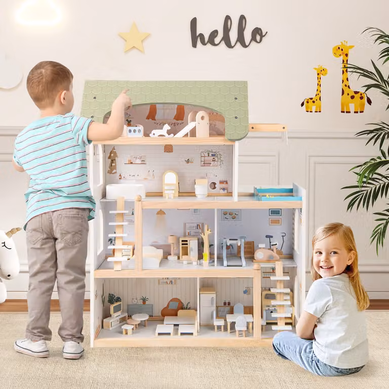 Costway Casa dei giocattoli per bambini fai da te con 33 pezzi di mobili accessori, Casa delle bambole in legno per ragazzi e ragazze Verde chiaro