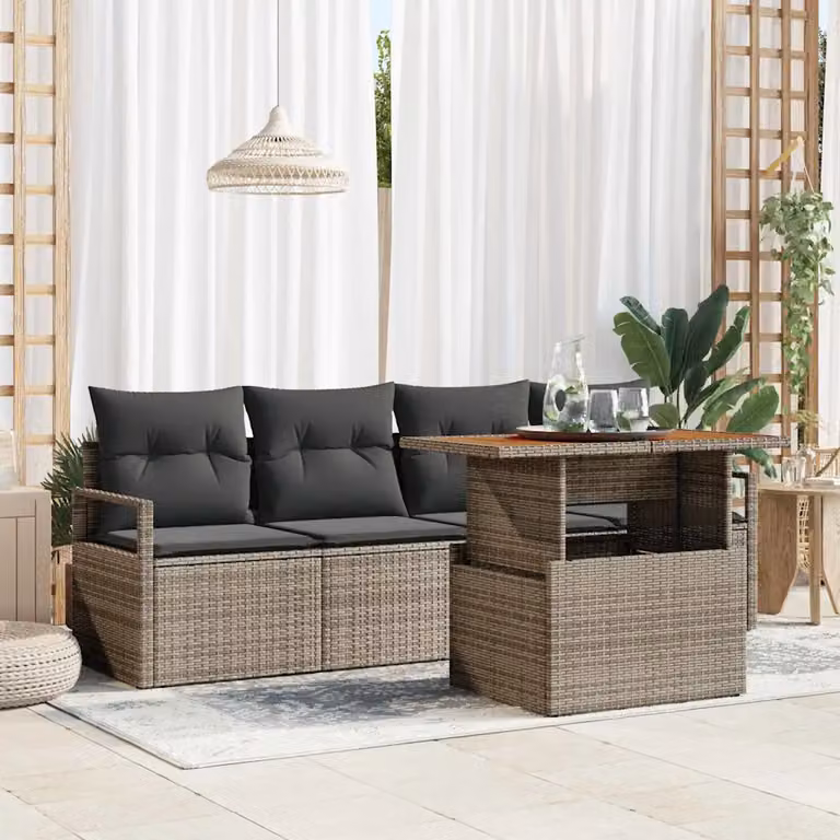 Set Divano da Giardino vidaXL 5 Pezzi in Rattan Grigio con Cuscini e Tavolino da Caffè