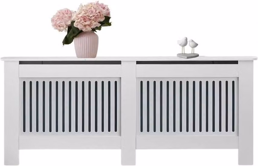 Azomor: moderno rivestimento per radiatori bianco con mensola e lamelle, adatto a qualsiasi ambiente