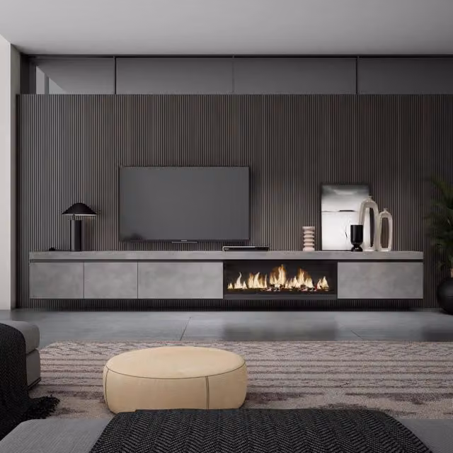 Mobile TV Soggiorno, 368x35x45, Camino elettrico XXL, da appendere, grigio cemento RF3683