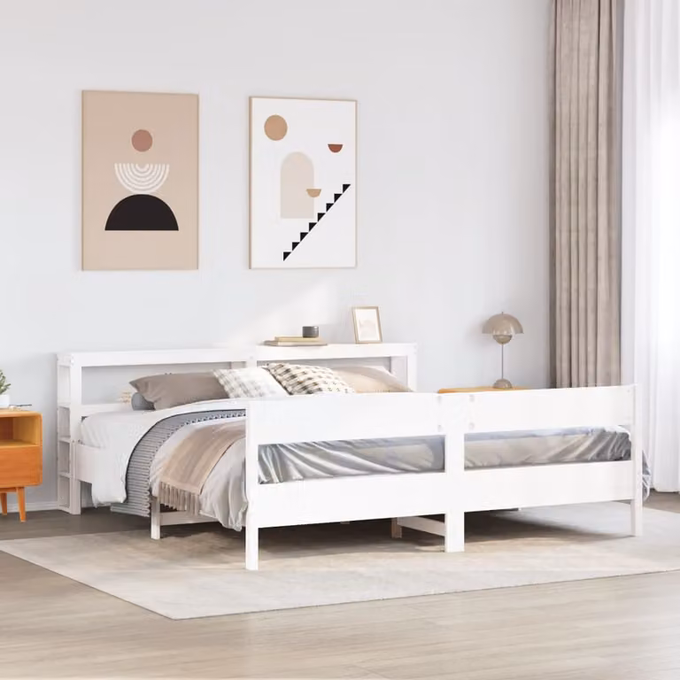 vidaXL Letto in Legno Massello di Pino Bianco con Ripiani Laterali L/P/H: 180 x 200 x 82 cm