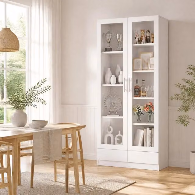 Armadio Vetrina REDOM Bianco in MDF e Vetro con 2 Cassetti, L: 80 cm, P: 40 cm, H: 160 cm