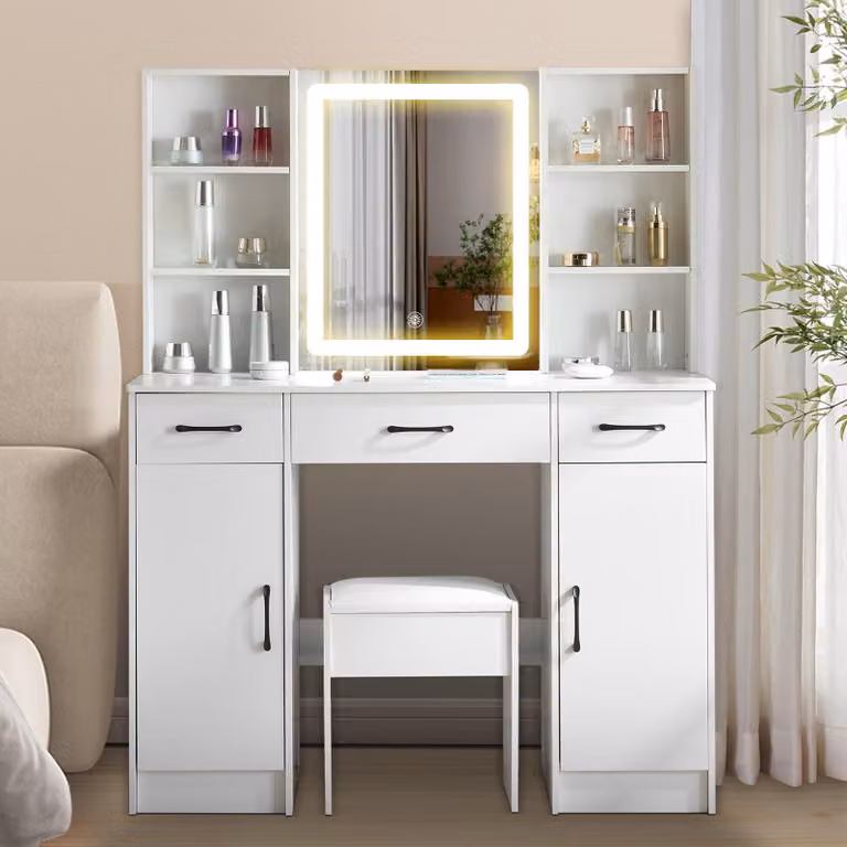 Comò con specchio a LED – 3 cassetti e sgabello confortevole – mobile da camera da letto in MDF bianco con illuminazione