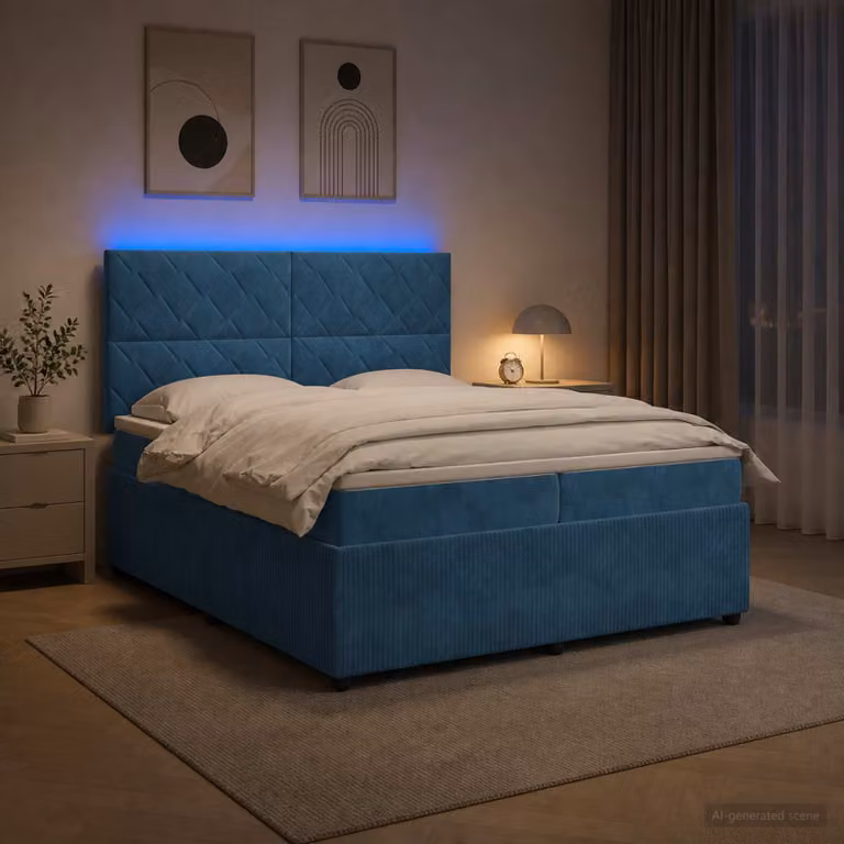 Letto Box Spring vidaXL in Velluto Blu con Materasso Ibrido e Illuminazione LED USB L/P: 200 x 200 cm