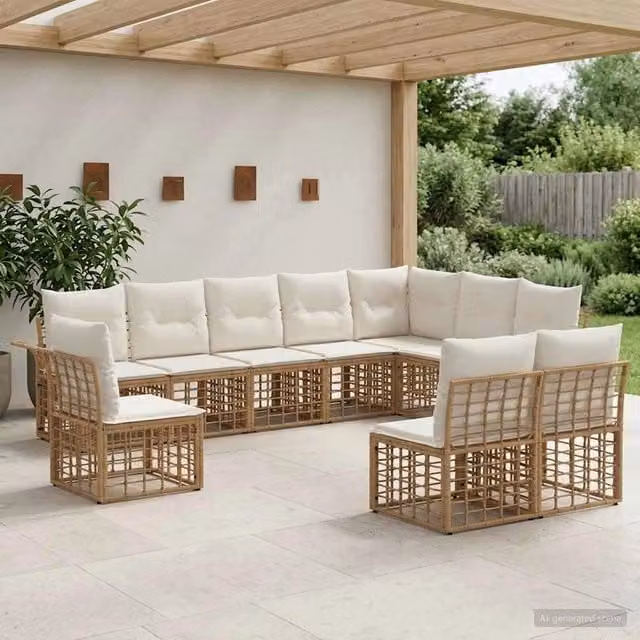 Set di divani da esterno 10 pz Naturale e Bianco Crema 3437708